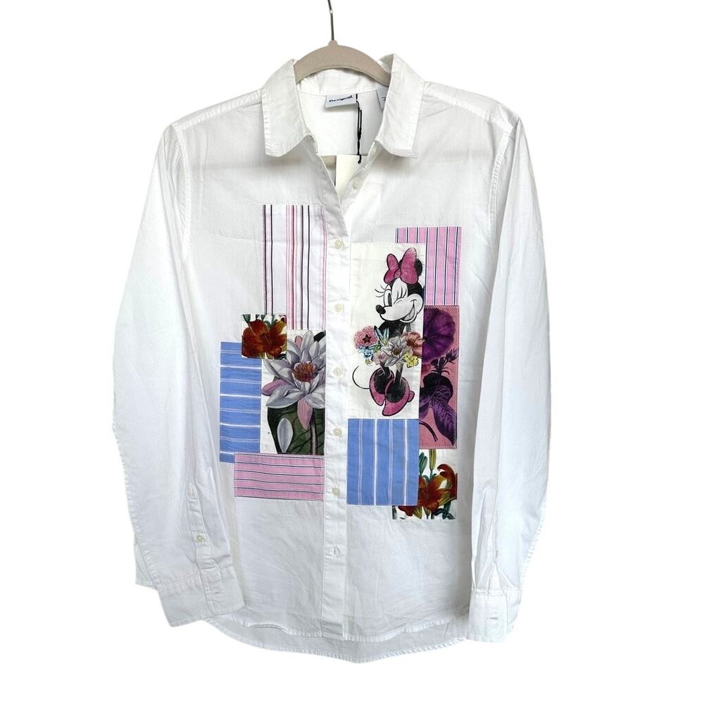 Desigual Disney Women's Minnie Mouse Patchwork Floral Button Down Shirt NWT Med